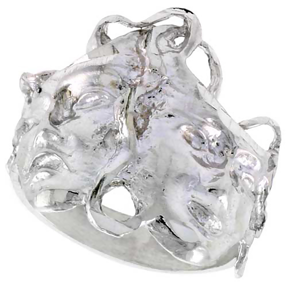 STERLING SILVER DRAMA MASKS RING POLISHED FINISH 11/16 INCH WIDE, SIZES 6 - 9