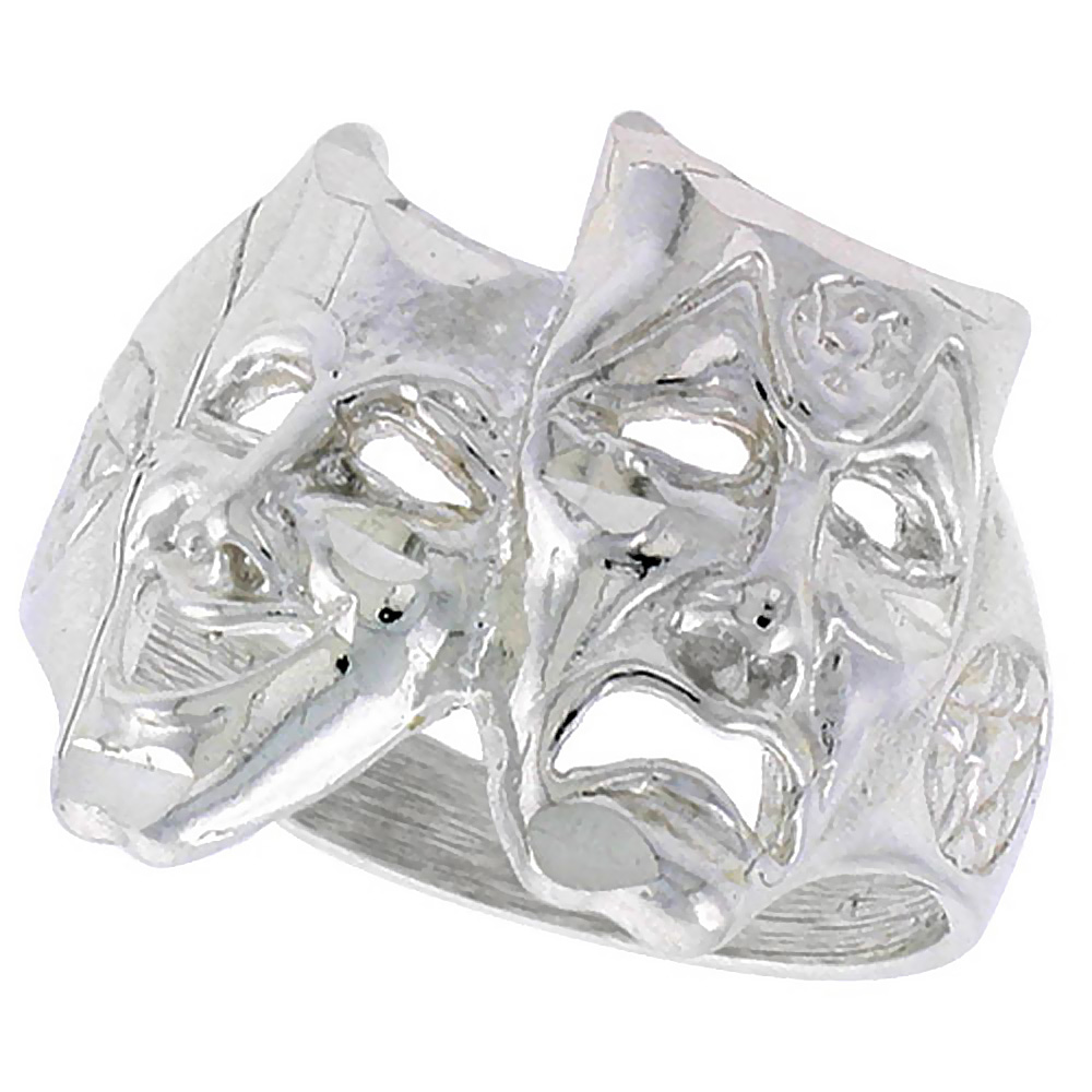 STERLING SILVER DRAMA MASKS RING POLISHED FINISH 11/16 INCH WIDE SIZES 6-9