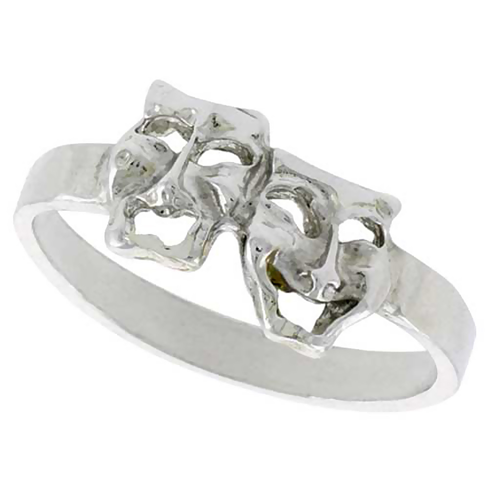 Sterling Silver Drama Masks Ring Polished finish 3/8 inch wide sizes 6-9