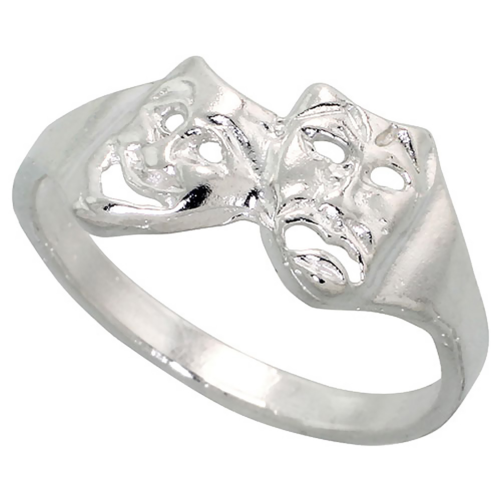 STERLING SILVER DRAMA MASKS RING POLISHED FINISH 3/8 INCH WIDE SIZES 6-9