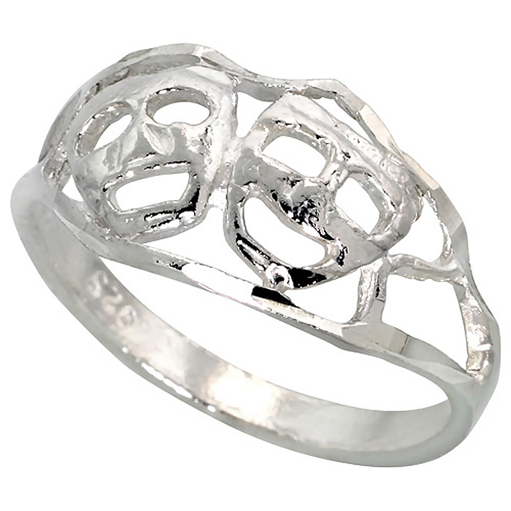 STERLING SILVER DRAMA MASKS RING POLISHED FINISH 5/16 INCH WIDE SIZES 6-9