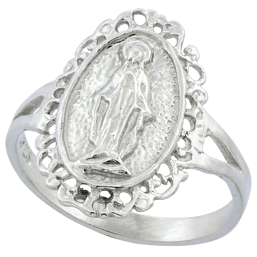 STERLING SILVER VIRGIN MARY MIRACULOUS MEDAL RING 11/16 INCH WIDE SIZES 6-9
