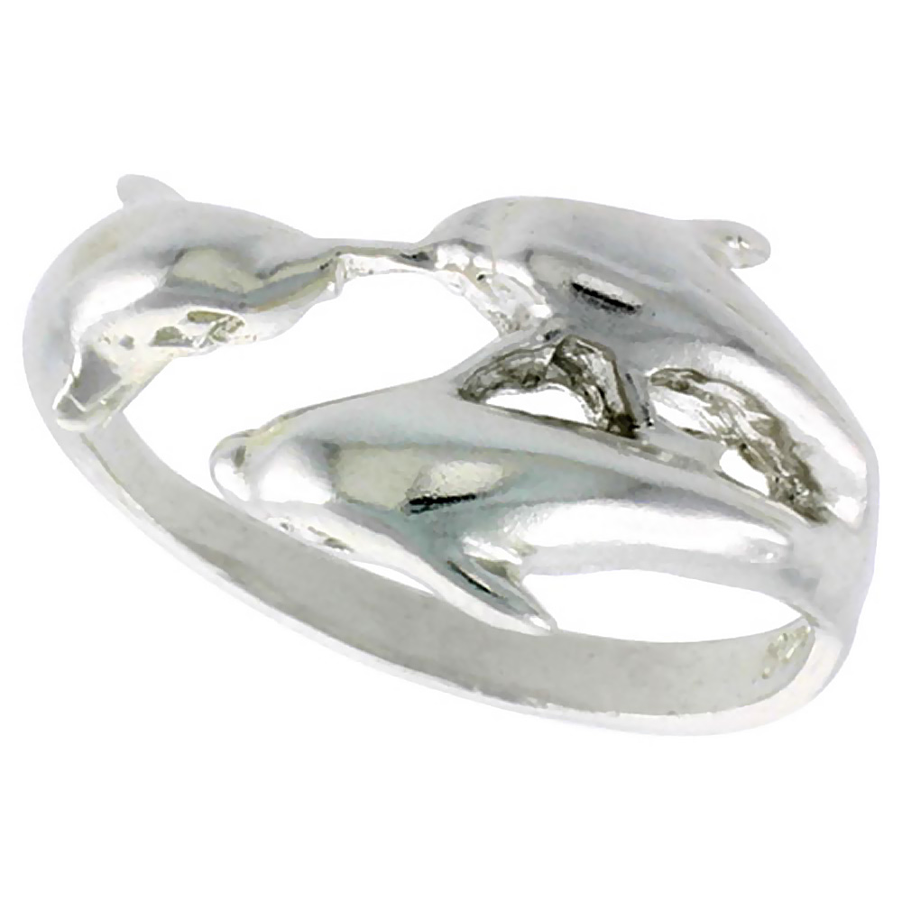STERLING SILVER TRIPLE DOLPHIN RING POLISHED FINISH 1/2 INCH WIDE SIZES 6-9