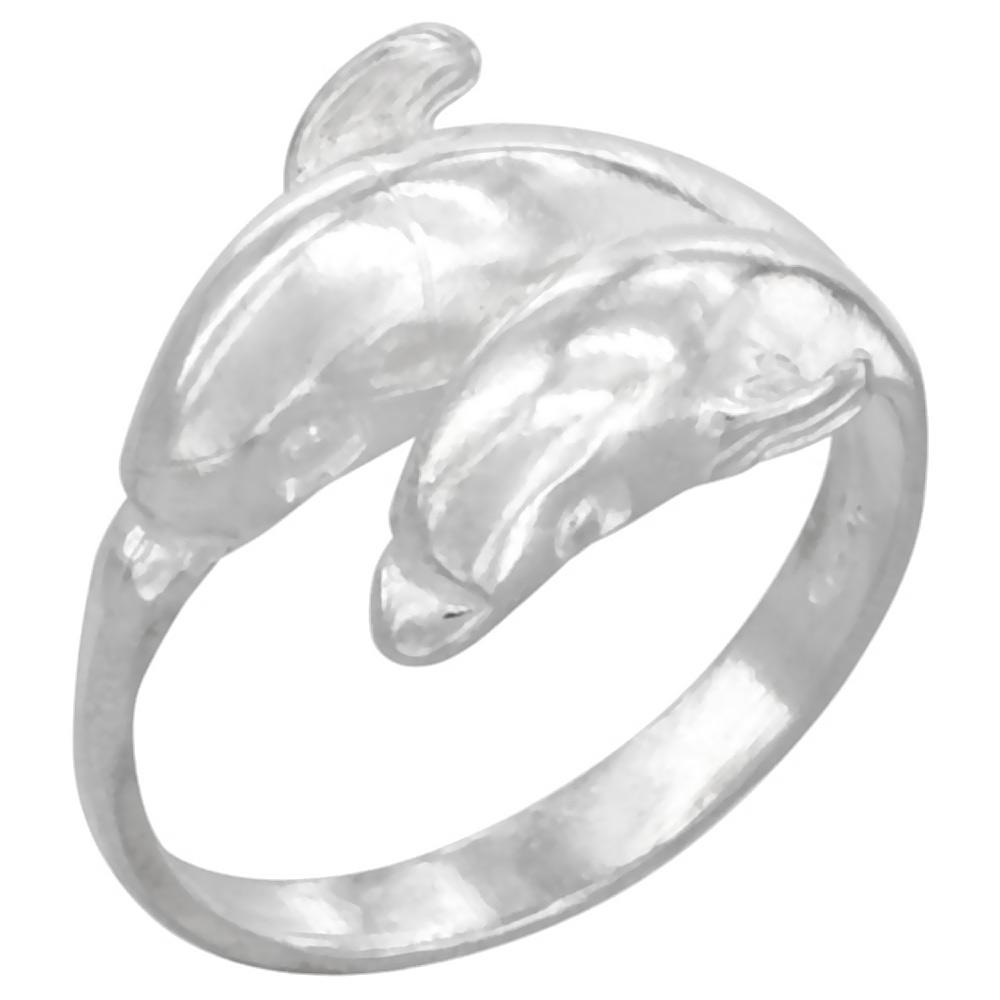 STERLING SILVER DOUBLE DOLPHIN RING POLISHED FINISH 1/2 INCH WIDE, SIZES 6 - 9