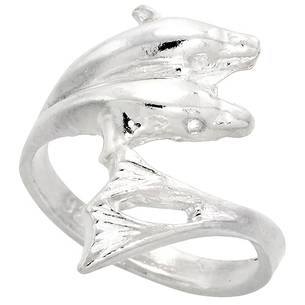 STERLING SILVER DOUBLE DOLPHIN RING POLISHED FINISH 11/16 INCH WIDE, SIZES 6 - 9