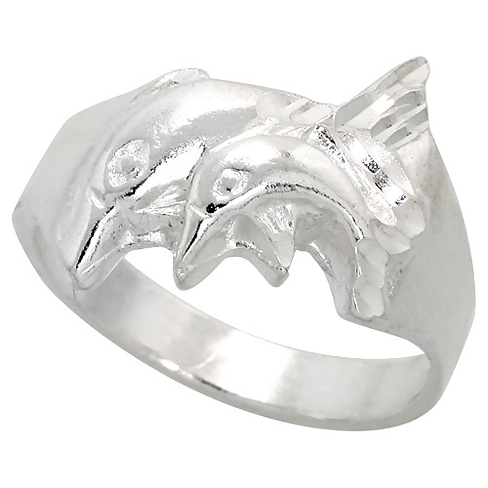 STERLING SILVER DOUBLE DOLPHIN RING POLISHED FINISH 1/2 INCH WIDE, SIZES 6 - 9
