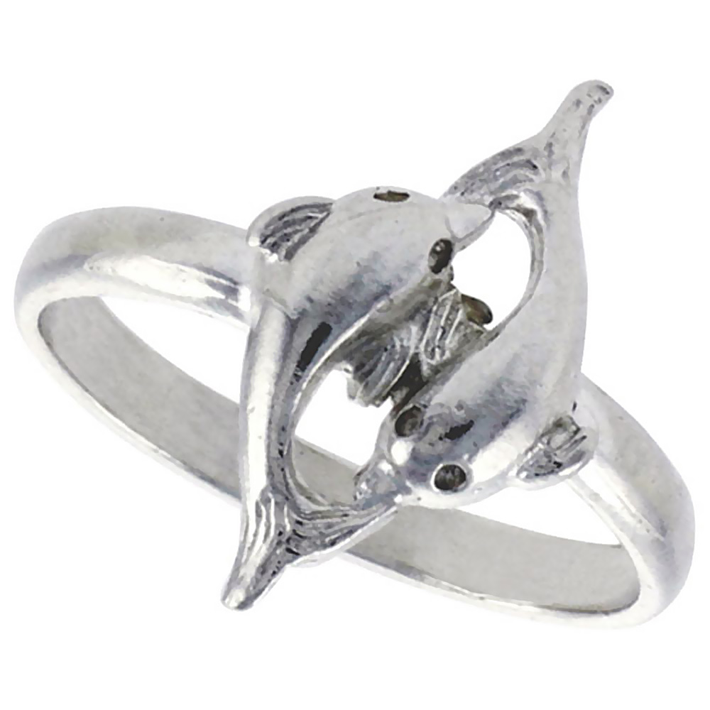 STERLING SILVER DOUBLE DOLPHIN RING POLISHED FINISH 11/16 INCH WIDE, SIZES 6 - 9