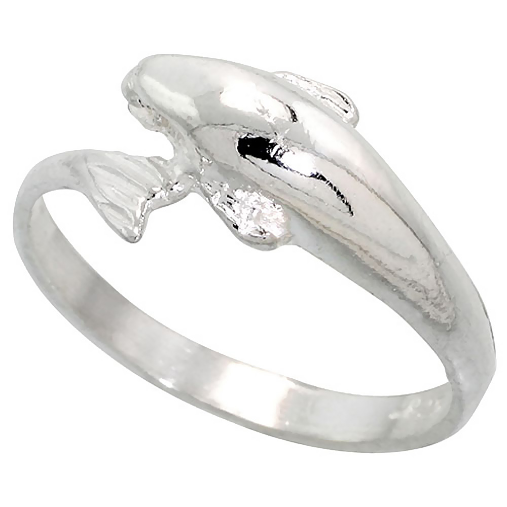 STERLING SILVER DOLPHIN RING POLISHED FINISH 3/8 INCH WIDE, SIZES 6 - 9,