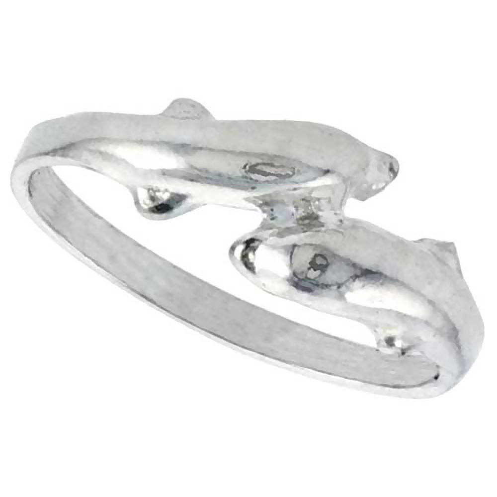 STERLING SILVER DOUBLE DOLPHIN RING POLISHED FINISH 1/4 INCH WIDE, SIZES 6 - 9