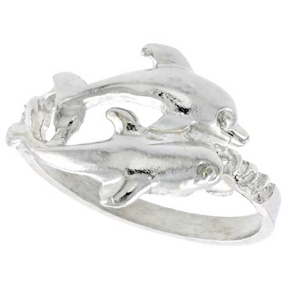 Sterling Silver Double Dolphin Ring Polished finish 1/2 inch wide sizes 6-9