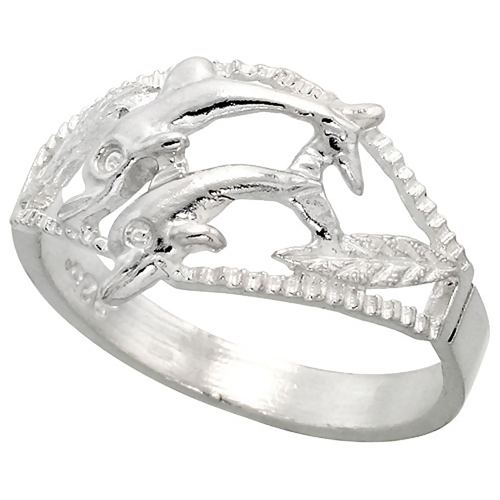 Sterling Silver Double Dolphin Ring Polished finish 1/2 inch wide sizes 6-9