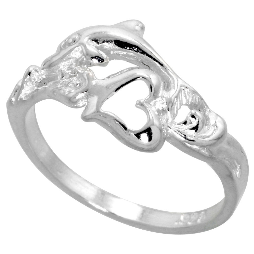 STERLING SILVER DOLPHIN W/ HEART RING POLISHED FINISH 3/8 INCH WIDE SIZES 6-9