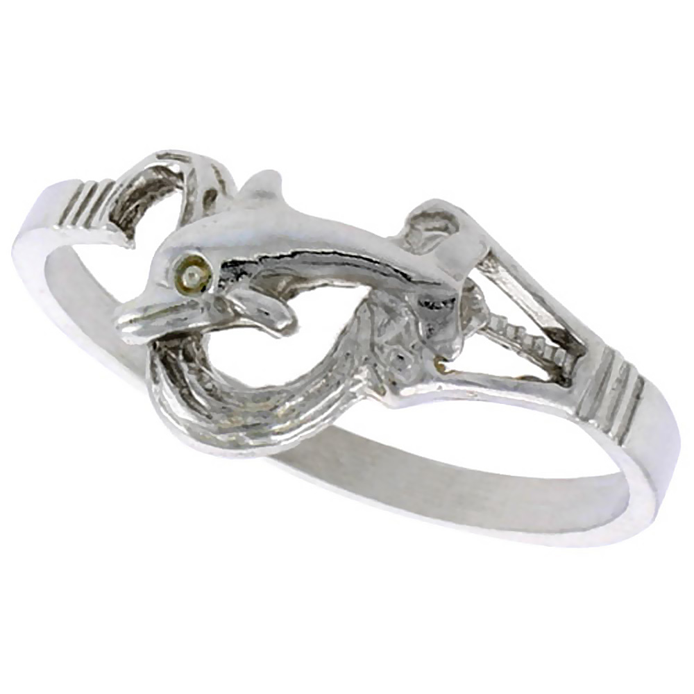STERLING SILVER DOLPHIN RING POLISHED FINISH 5/16 INCH WIDE, SIZES 6 - 9