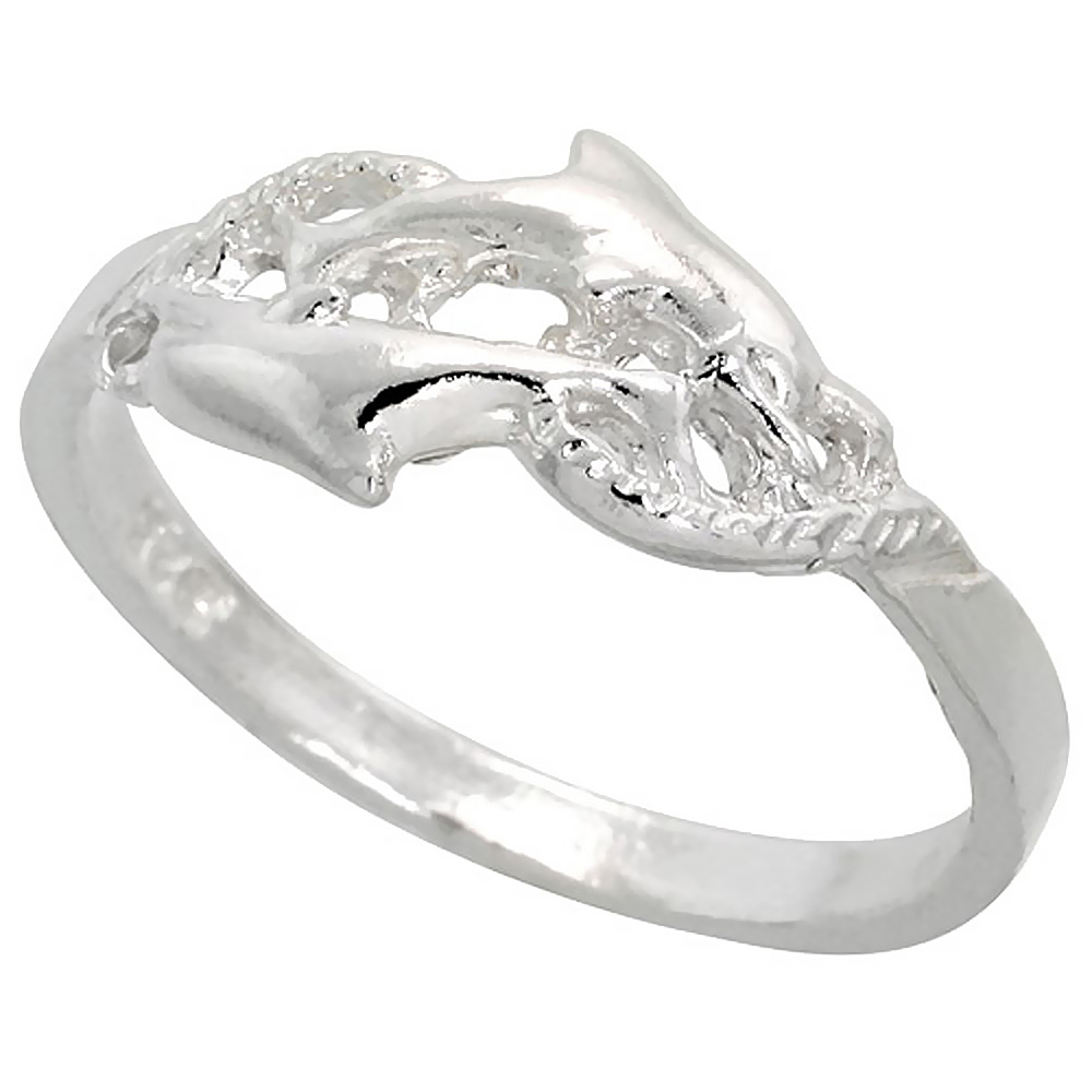 Sterling Silver Double Dolphin Ring Polished finish 5/16 inch wide sizes 6-9