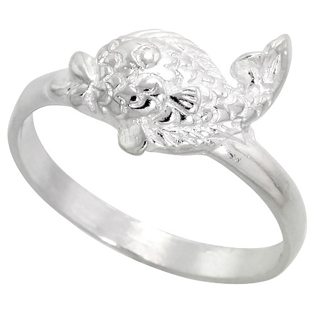 STERLING SILVER FISH RING POLISHED FINISH 3/8 INCH WIDE, SIZES 6 - 9,