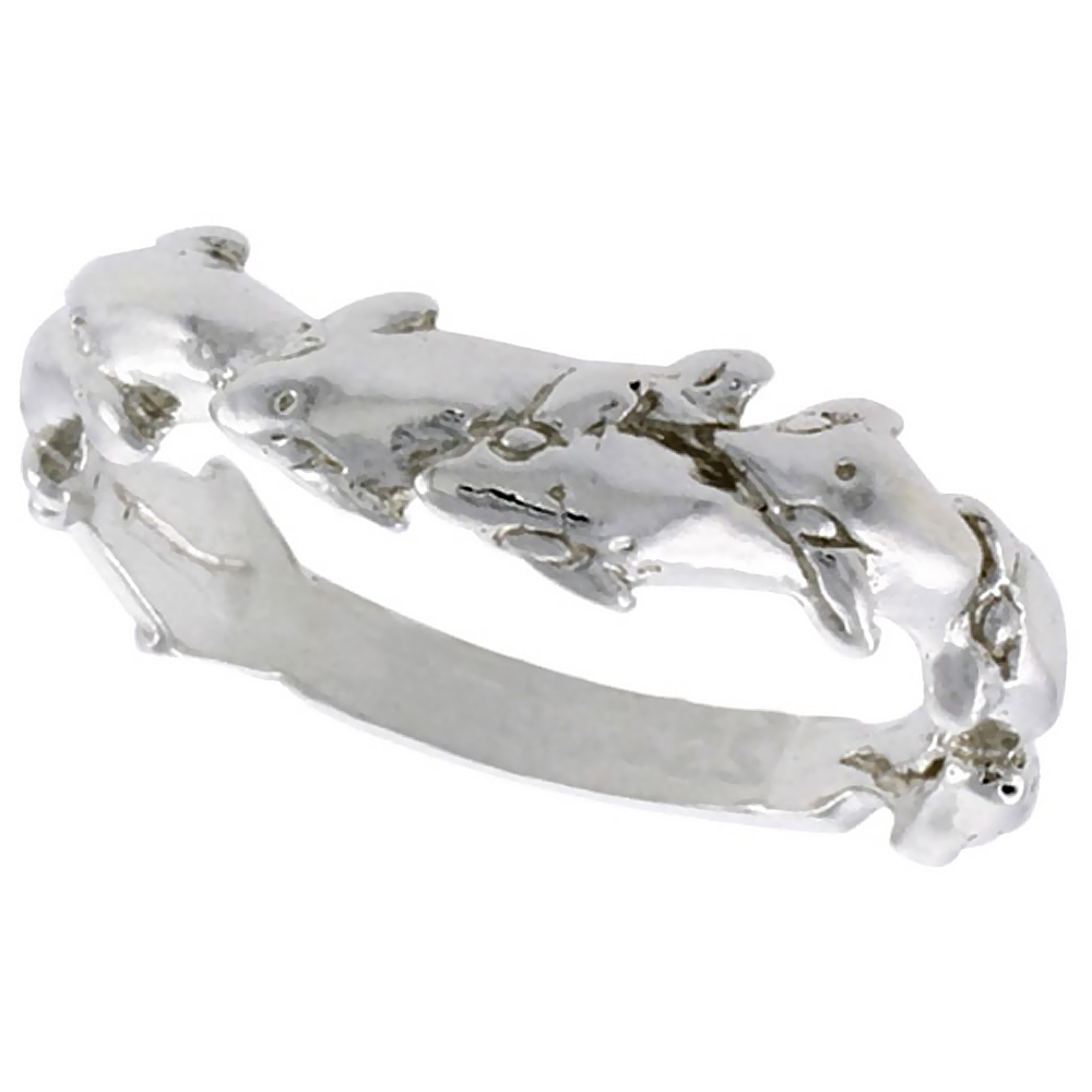 STERLING SILVER DOLPHIN RING POLISHED FINISH 3/16 INCH WIDE, SIZES 6 - 9