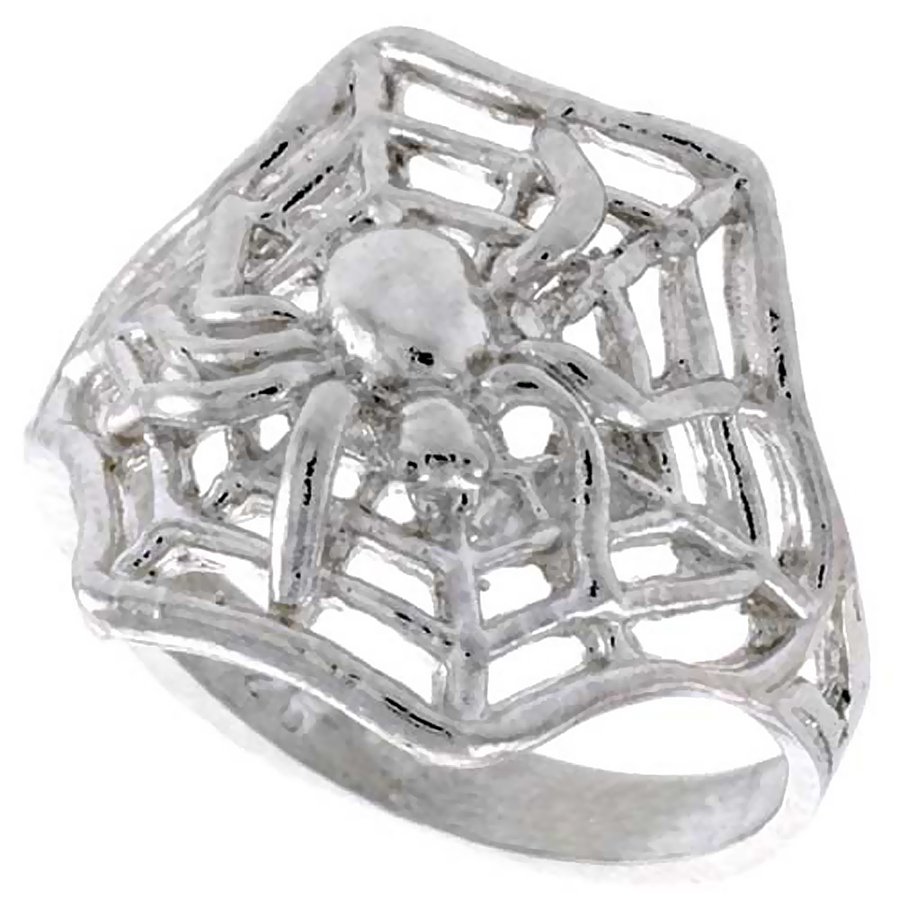 STERLING SILVER SPIDER WITH SPIDERWEB RING POLISHED FINISH 5/8 INCH WIDE SIZES 6-9