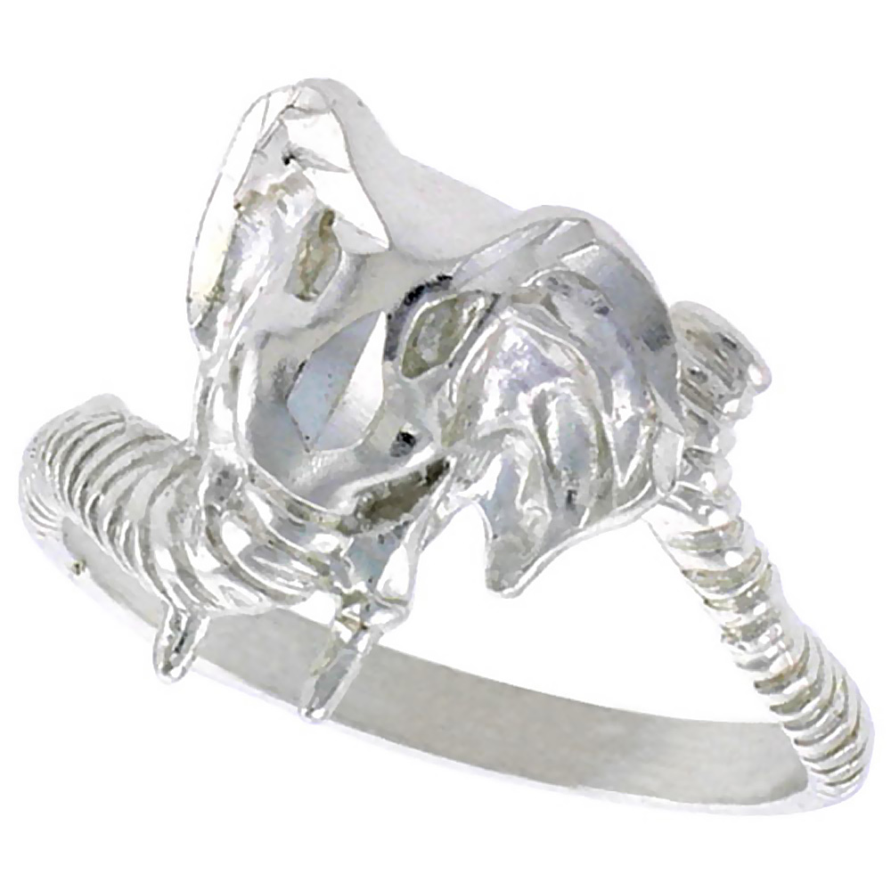 STERLING SILVER AFRICAN ELEPHANT HEAD RING POLISHED FINISH 1/2 INCH WIDE, SIZES 6 - 9