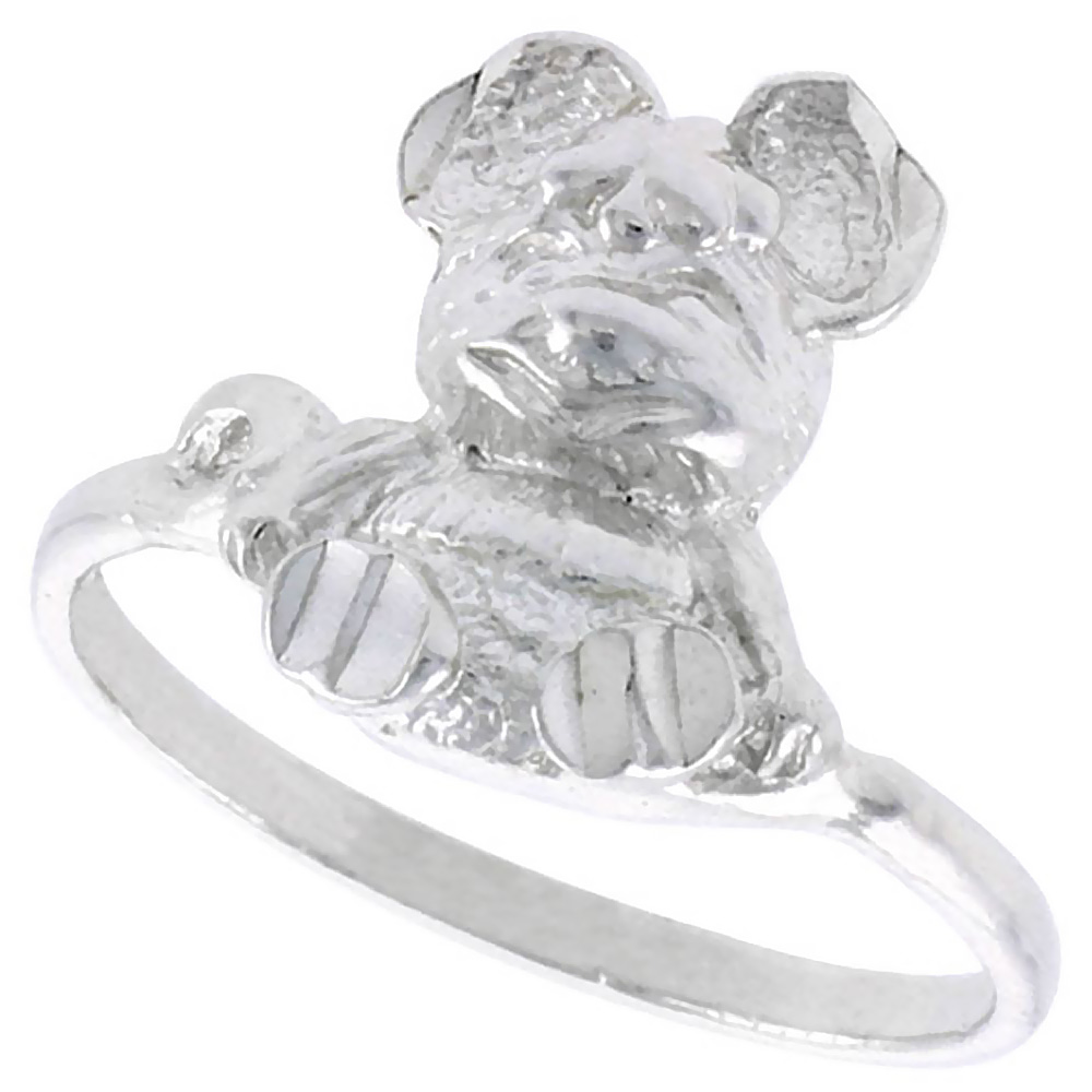 STERLING SILVER TEDDY BEAR RING POLISHED FINISH 9/16 INCH WIDE, SIZES 6 - 9