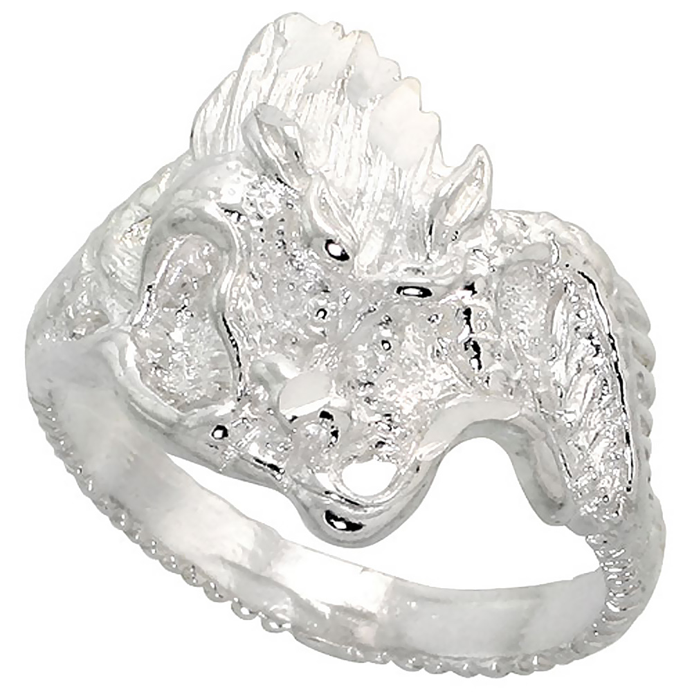 STERLING SILVER CHINESE DRAGON RING POLISHED FINISH 5/8 INCH WIDE, SIZES 6 - 9