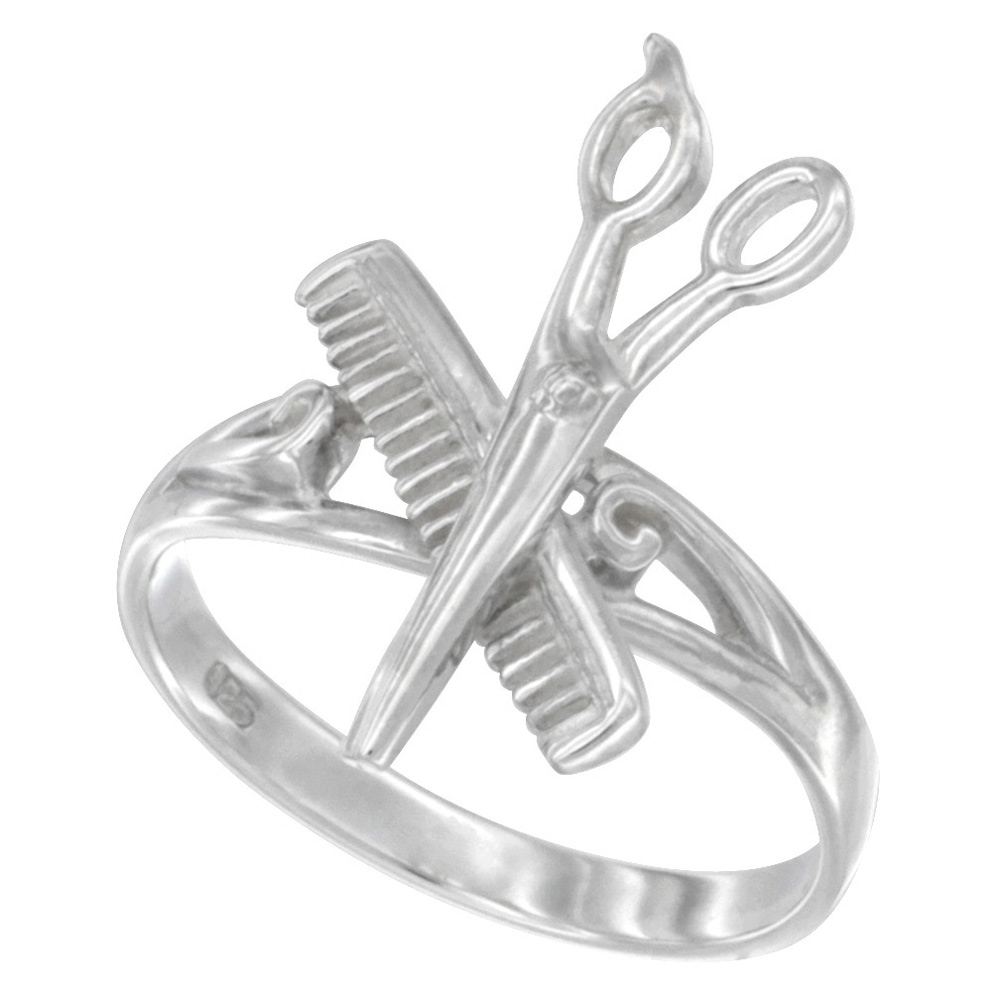 STERLING SILVER BARBER SHOP COMB & SCISSORS RING FLAWLESS QUALITY 3/4 INCH LONG SIZES 6-9