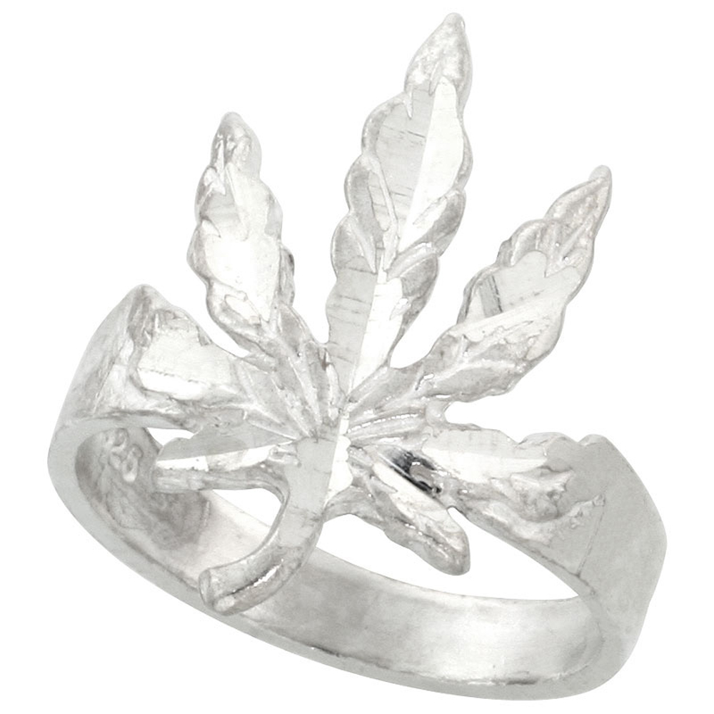 STERLING SILVER POT LEAF RING POLISHED FINISH 7/8 INCH WIDE, SIZES 6 - 9