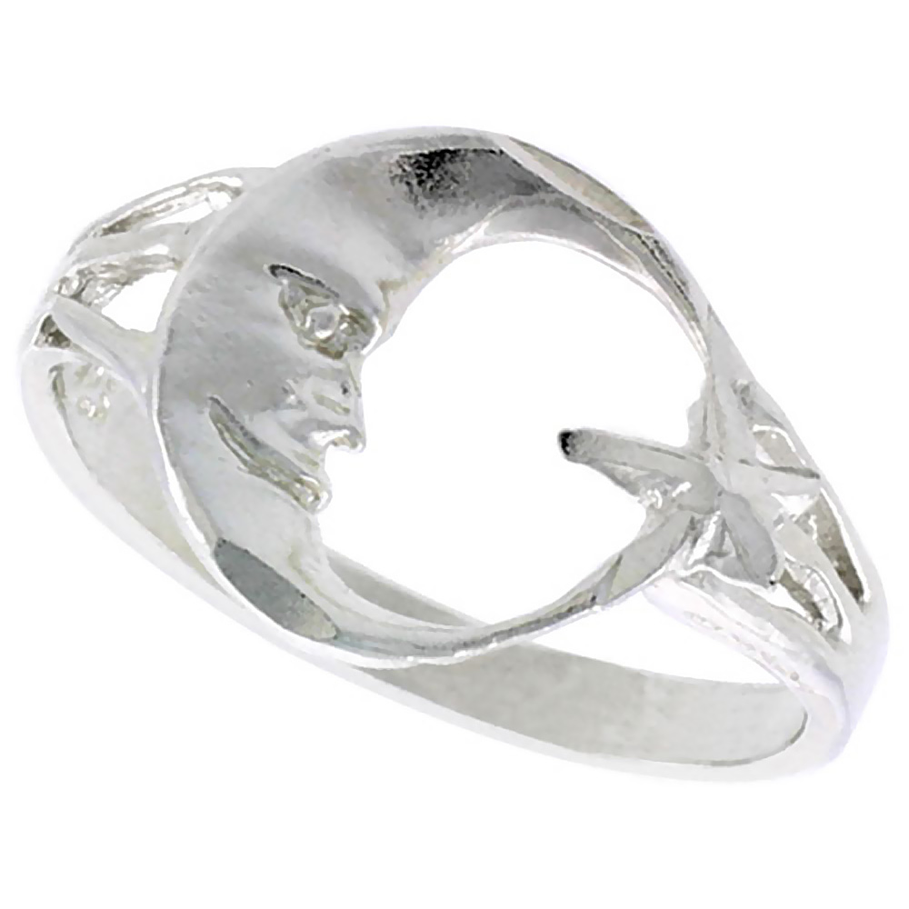 STERLING SILVER MOON & STAR RING POLISHED FINISH 1/2 INCH WIDE, SIZES 6 - 9