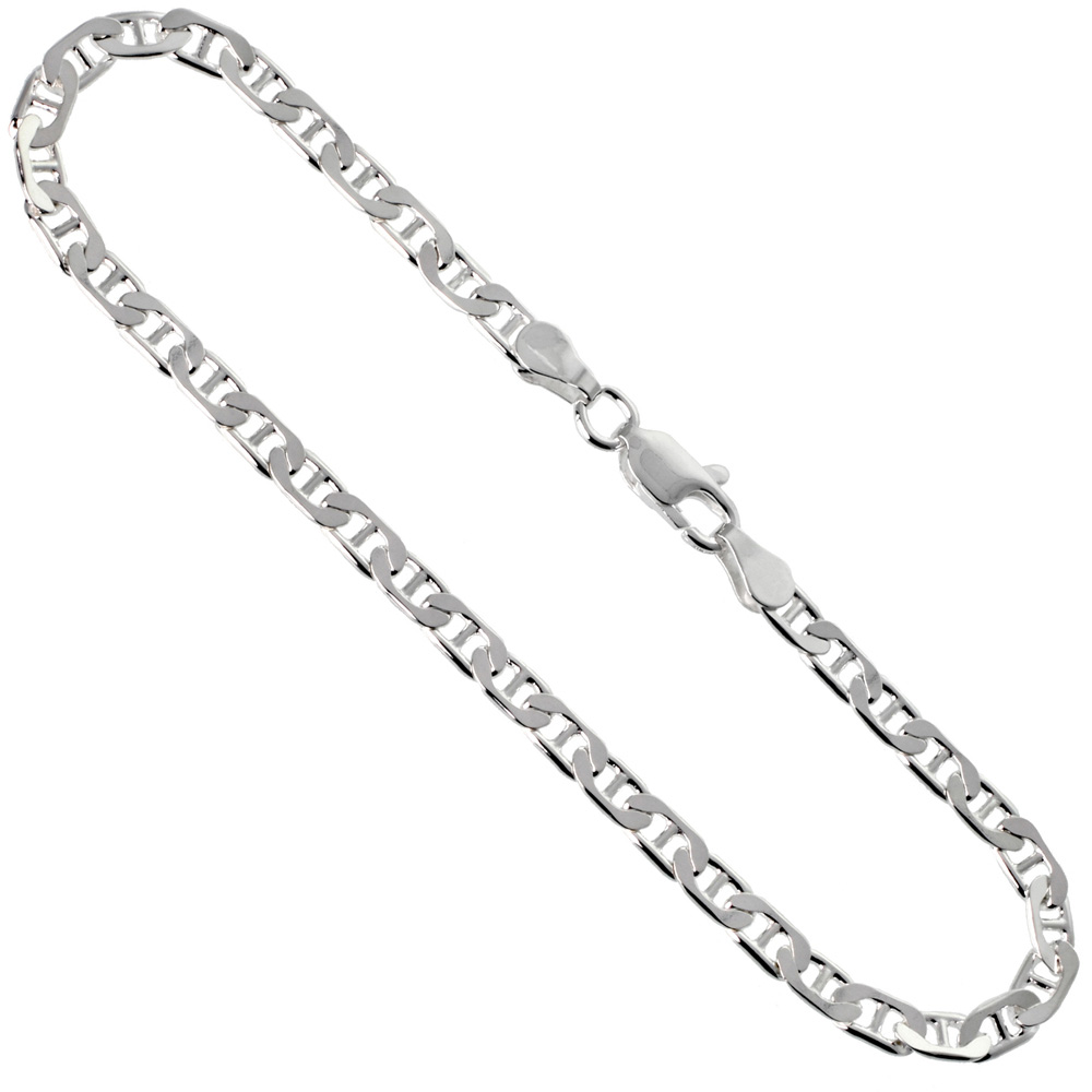 Sterling Silver Anklet Anchor Chain Flat Mariner 3.7 mm Nickel Free Italy, sizes 9.5 inch
