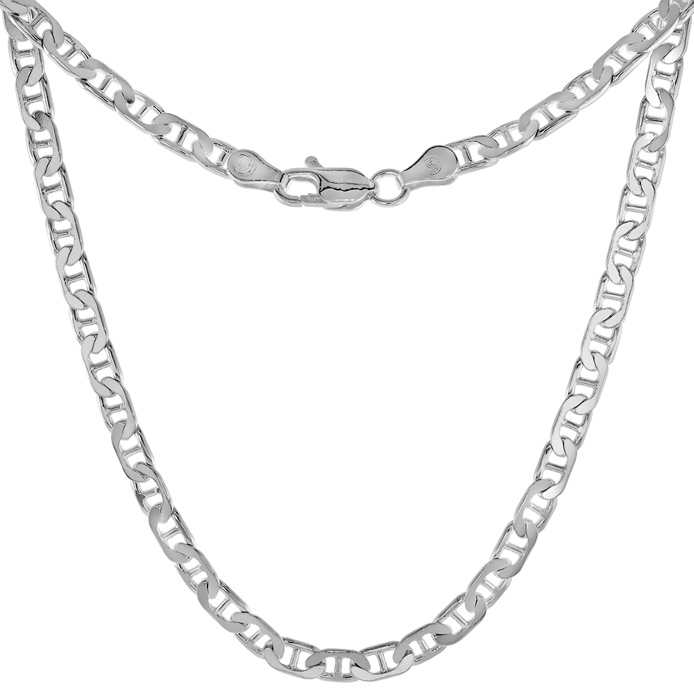 STERLING SILVER 4MM FLAT MARINER LINK CHAIN NECKLACES & BRACELETS NICKEL FREE ITALY SIZES 7 - 30 INCH