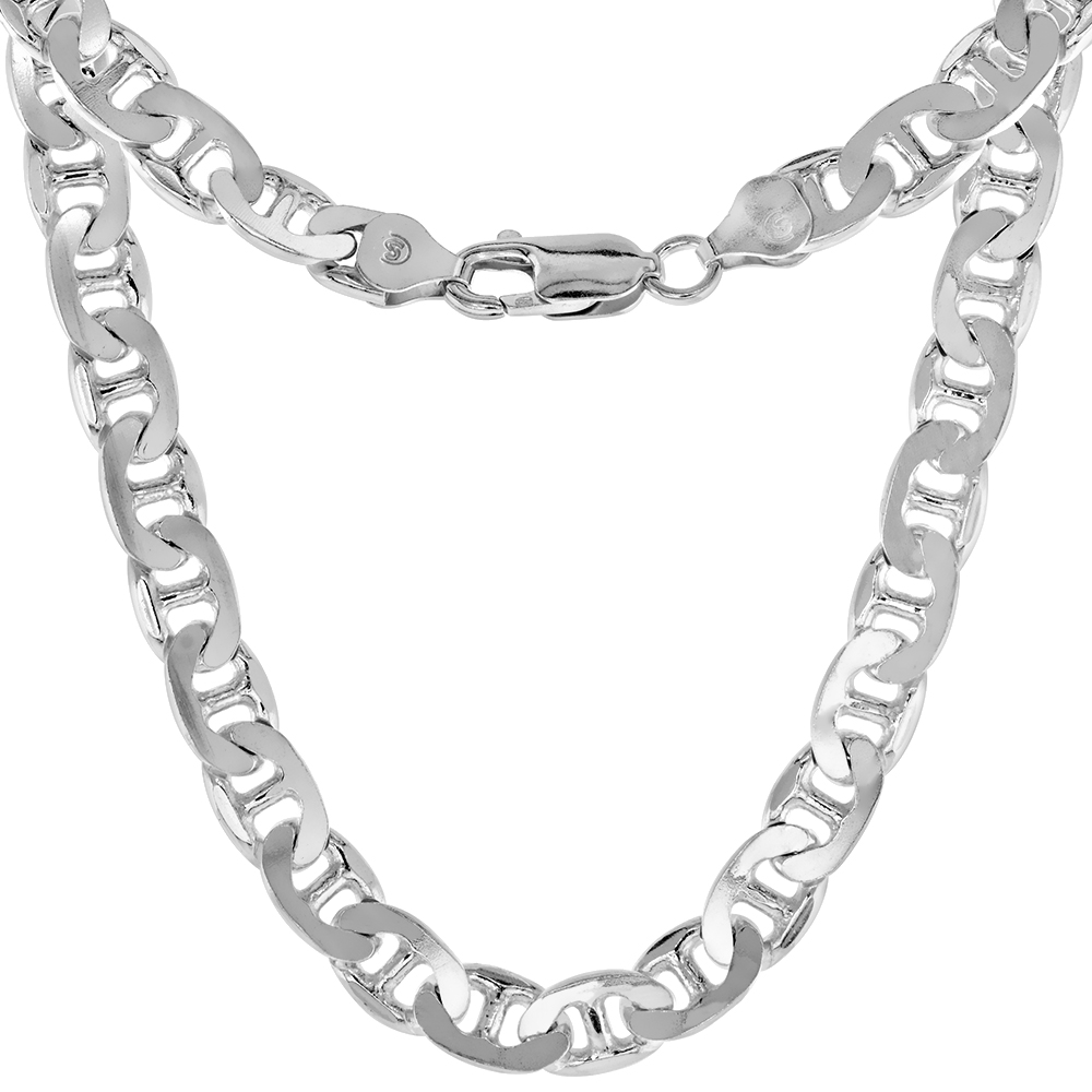 STERLING SILVER FLAT MARINER LINK CHAIN NECKLACES & BRACELETS 7.2MM NICKEL FREE ITALY, SIZES 7 - 30 INCH