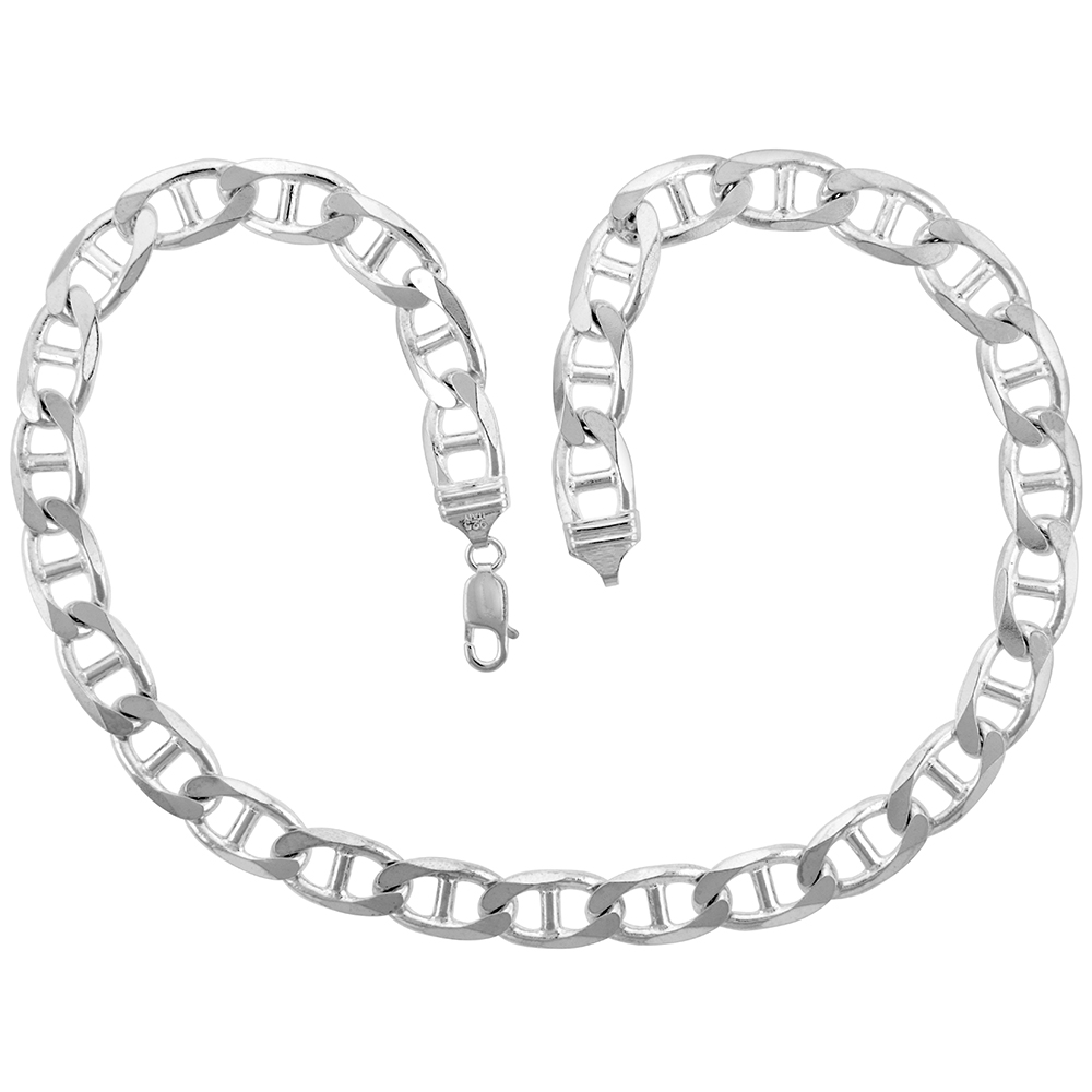 10.5mm Sterling Silver Flat Mariner Chain Necklaces &amp; Bracelets for Men sizes 8 - 30 inch