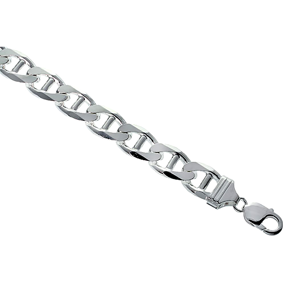 Sterling Silver Flat Mariner Link Chain Necklaces & Bracelets 13.5mm Nickel Free Italy, sizes 7 - 30 inch