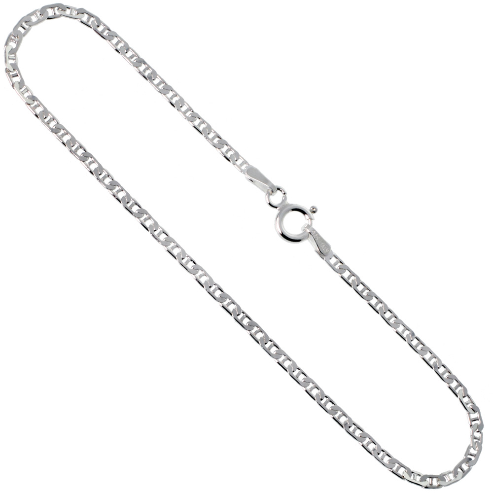 Sterling Silver Anklet Anchor Chain Flat Mariner 2.1 mm Nickel Free Italy, sizes 9 - 10 inch