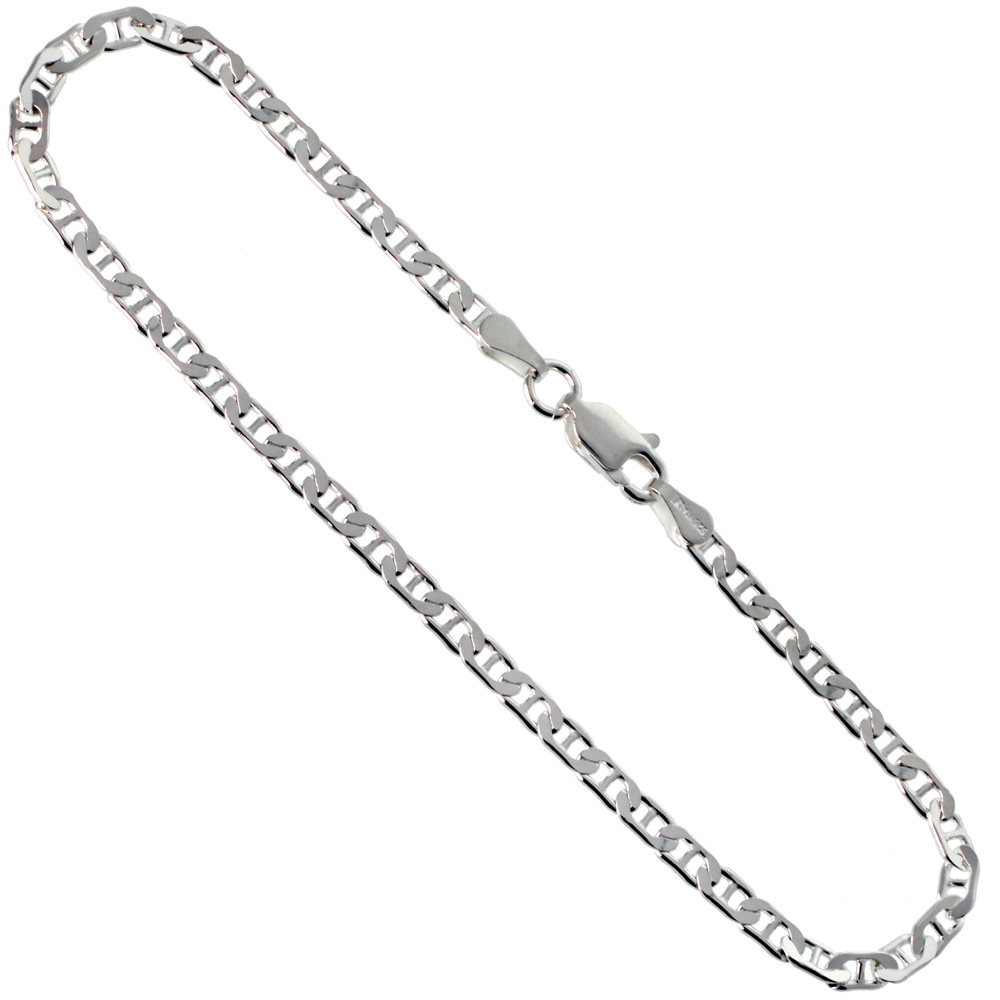 Sterling Silver Anklet Anchor Chain Flat Mariner 3 mm Nickel Free Italy, sizes 9 - 9.5 inch