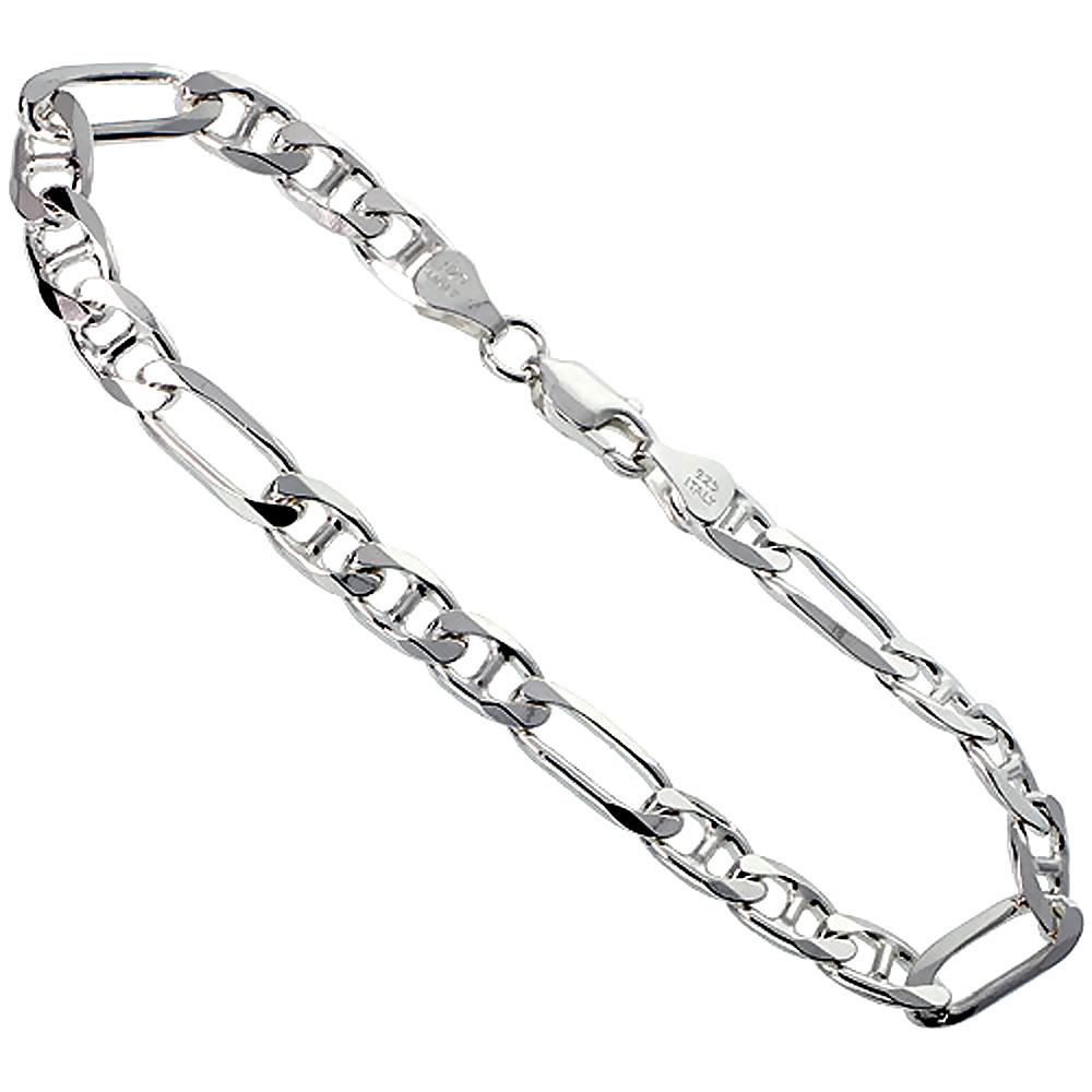 Sterling Silver 6.5mm Figarucci Link Chain Necklaces & Bracelets Beveled Edges Nickel Free Italy 7-30 inch