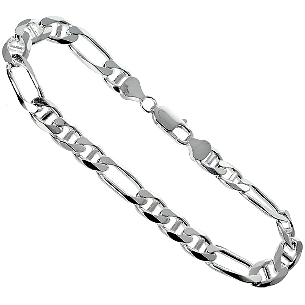 Sterling Silver 8mm Figarucci Link Chain Necklaces &amp; Bracelets Beveled Edges Nickel Free Italy sizes 7 - 30 inch