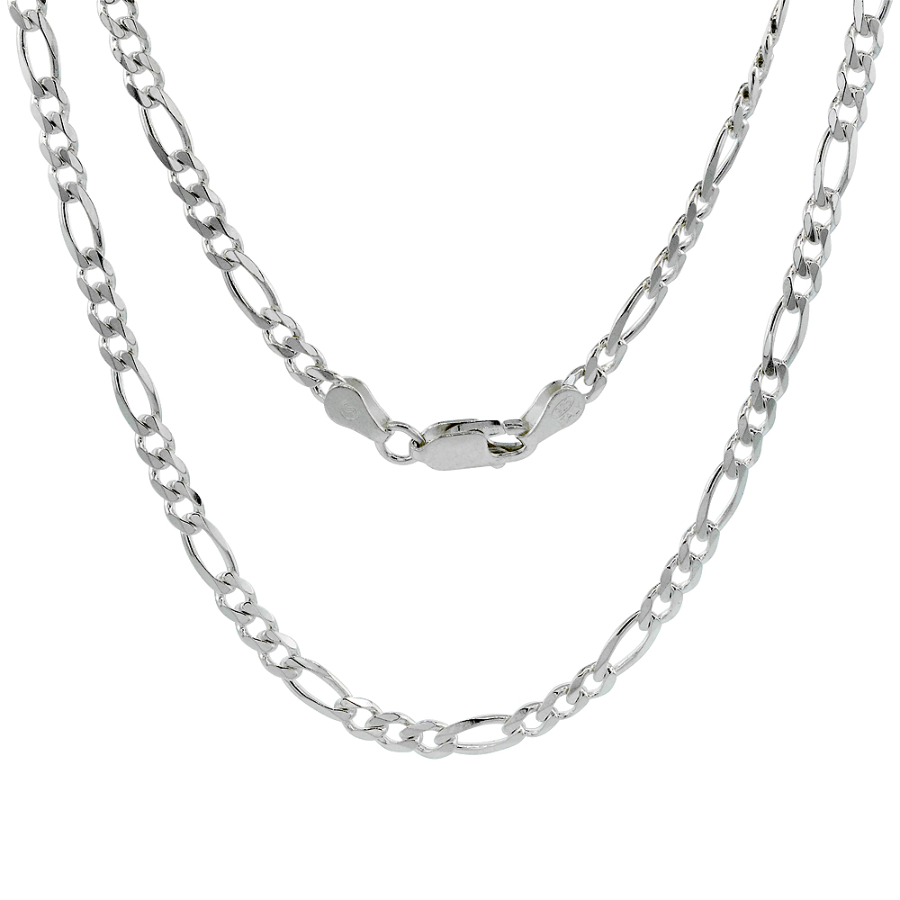 STERLING SILVER 4MM FIGARO LINK CHAIN NECKLACES & BRACELETS FOR WOMEN AND MEN BEVELED EDGE NICKEL FREE ITALY 7-30 INCH