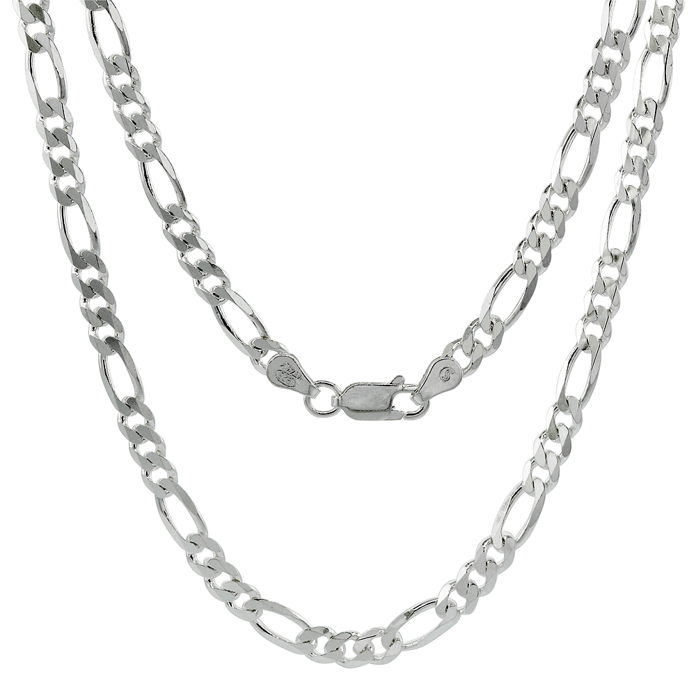 STERLING SILVER 4.5MM FIGARO LINK CHAIN NECKLACES & BRACELETS FOR WOMEN AND MEN BEVELED EDGE NICKEL FREE ITALY 7-30 INCH