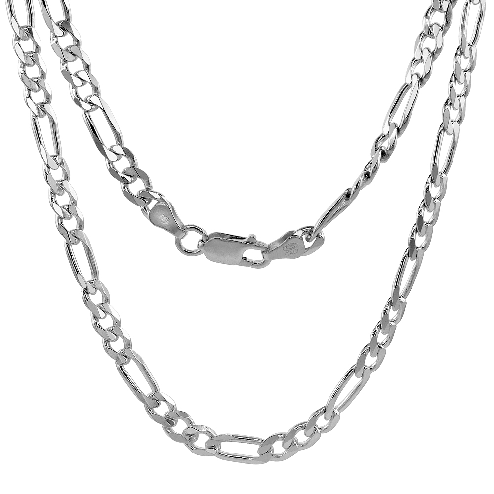STERLING SILVER 5.5MM FIGARO LINK CHAIN NECKLACES & BRACELETS FOR MEN AND WOMEN BEVELED EDGE NICKEL FREE ITALY 7-30 INCH
