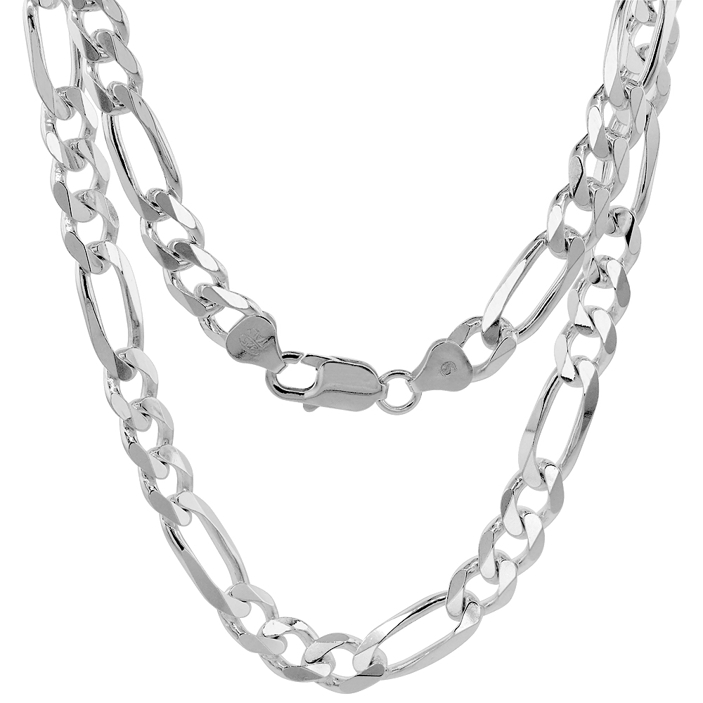 STERLING SILVER 8MM FIGARO LINK CHAIN NECKLACES & BRACELETS FOR MEN AND WOMEN BEVELED EDGE NICKEL FREE ITALY 7-30 INCH