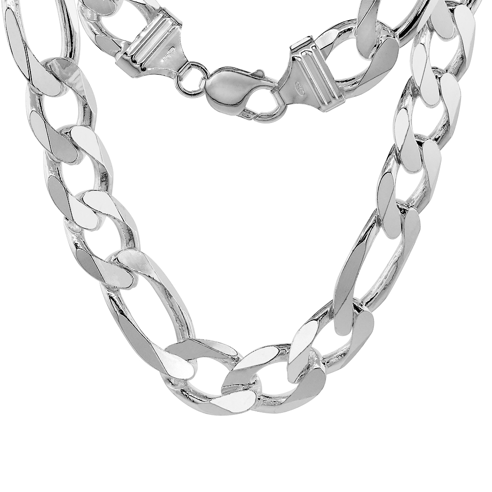 THICK STERLING SILVER 15MM FIGARO LINK CHAIN NECKLACES & BRACELETS FOR MEN AND WOMEN BEVELED EDGE NICKEL FREE ITALY 8-30 INCH