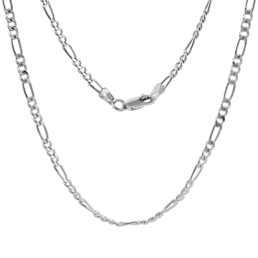 STERLING SILVER 3MM FIGARO LINK CHAIN NECKLACES & BRACELETS FOR WOMEN AND MEN BEVELED EDGE NICKEL FREE ITALY 7-30 INCH