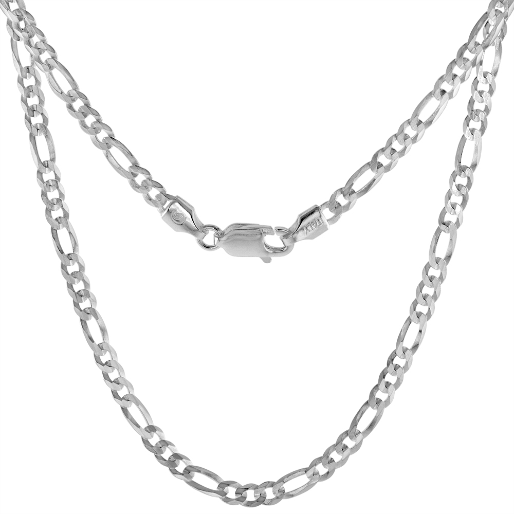 sterling Silver 3mm Flat Figaro Chain Necklace for Men &amp; Women Beveled Edges Lobster Clasp Nickel Free Italy sizes 7-30 inch