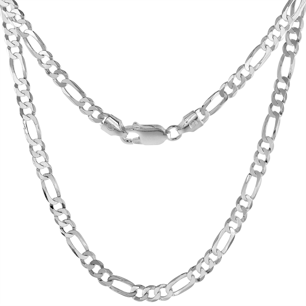 sterling Silver 4mm Flat Figaro Chain Necklace for Men &amp; Women Beveled Edges Lobster Clasp Nickel Free Italy sizes 7-30 inch
