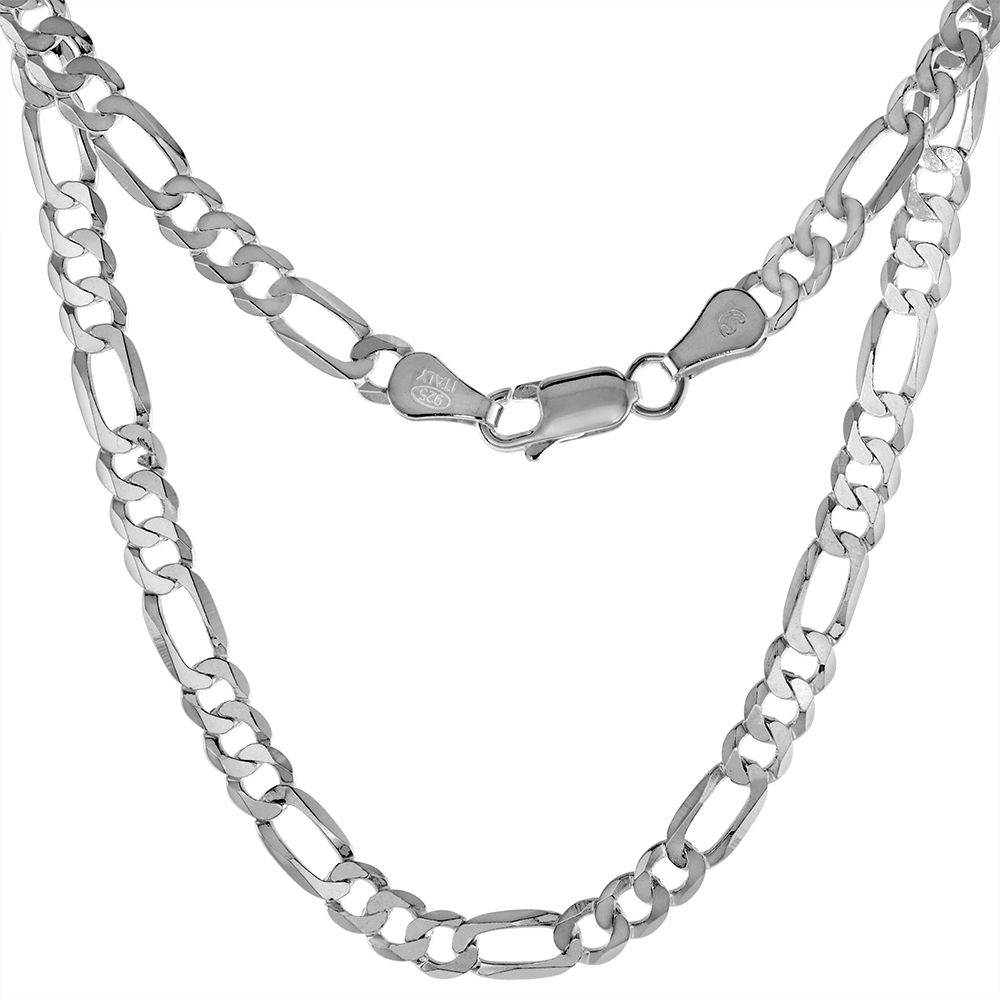 STERLING SILVER 5MM FLAT FIGARO CHAIN NECKLACES & BRACELETS FOR MEN & WOMEN BEVELED EDGES LOBSTER CLASP NICKEL FREE ITALY SIZES 7-30 INCH