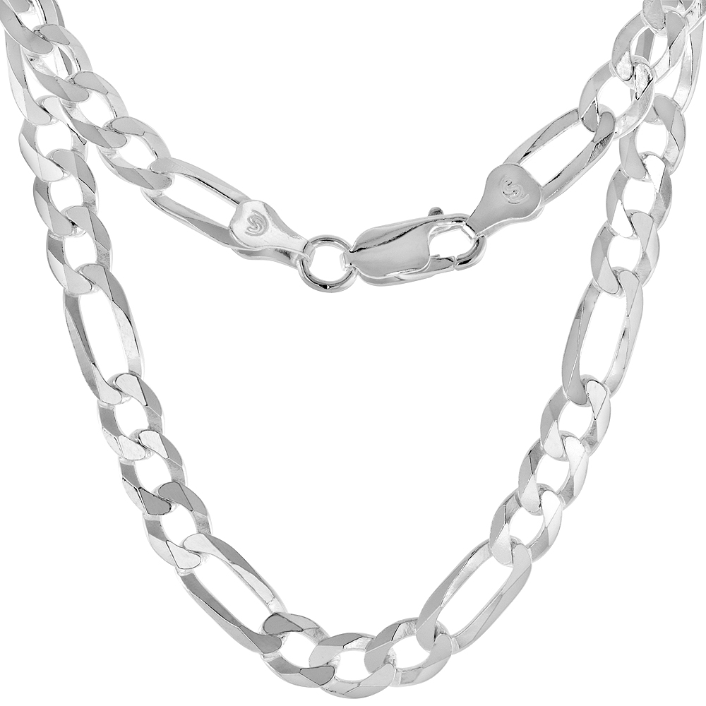 STERLING SILVER 6MM FLAT FIGARO CHAIN NECKLACES AND BRACELETS FOR MEN AND WOMEN BEVELED EDGES POLISHED FINISH NICKEL FREE ITALY 7-30 INCH