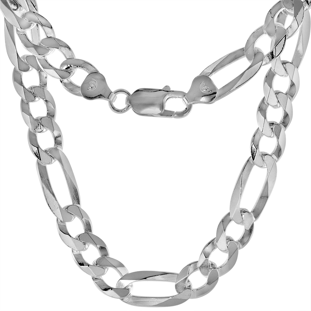STERLING SILVER 8MM FLAT FIGARO CHAIN NECKLACES & BRACELETS FOR MEN AND WOMEN BEVELED EDGES POLISHED FINISH NICKEL FREE ITALY SIZES 8-30 INCH