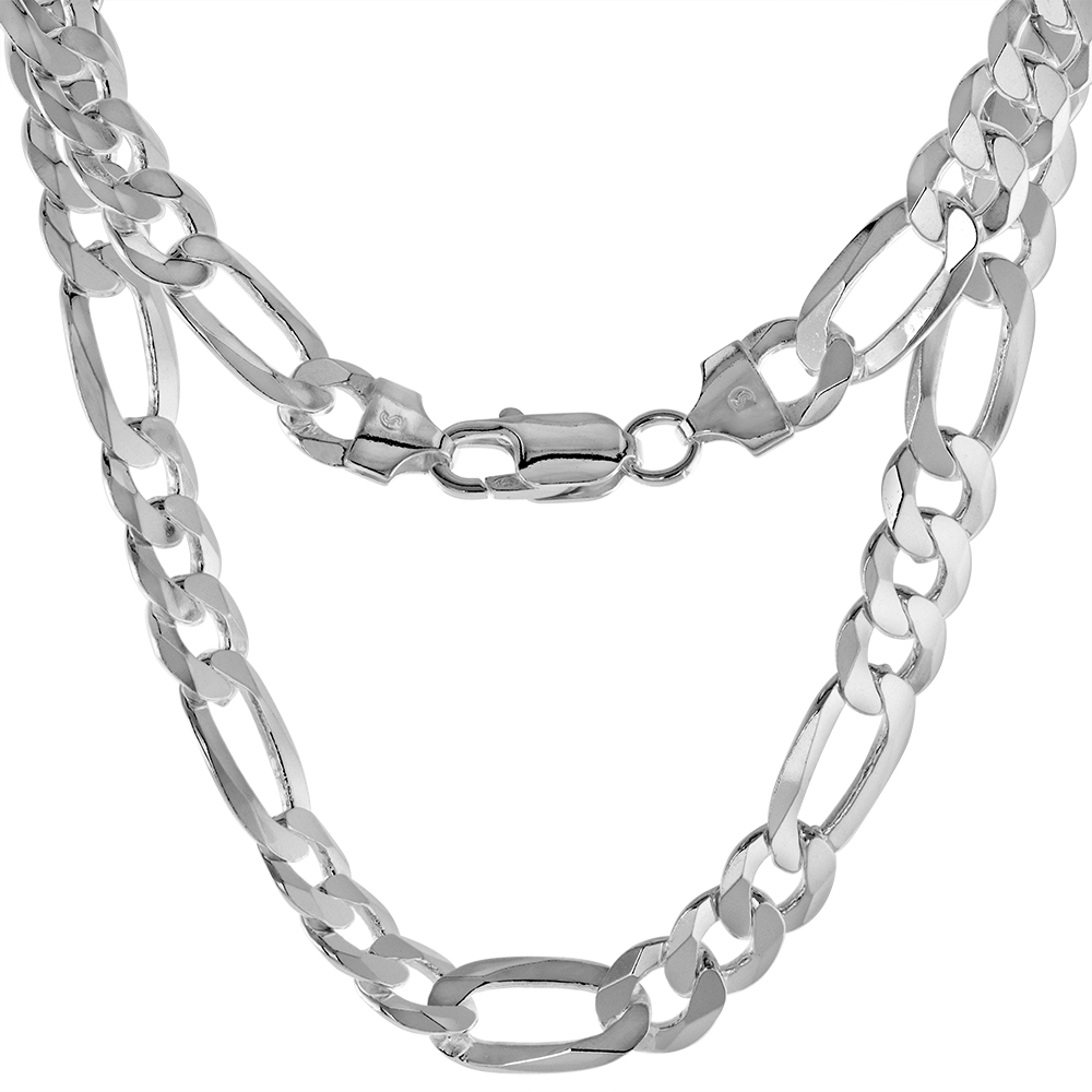 STERLING SILVER 9MM FLAT FIGARO CHAIN NECKLACE FOR MEN & WOMEN BEVELED EDGES LOBSTER CLASP NICKEL FREE ITALY SIZES 7-30 INCH