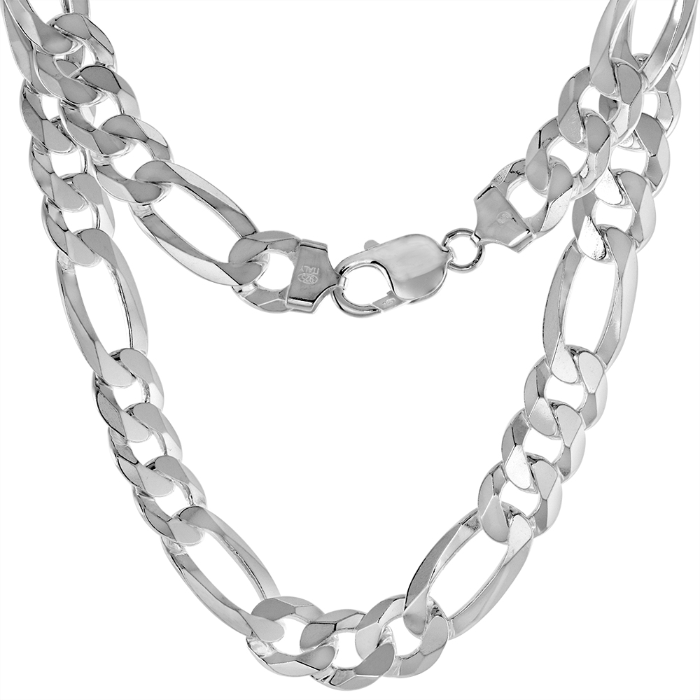 THICK STERLING SILVER 11MM FLAT FIGARO CHAIN NECKLACE FOR MEN & WOMEN BEVELED EDGES LOBSTER CLASP NICKEL FREE ITALY SIZES 8-30 INCH