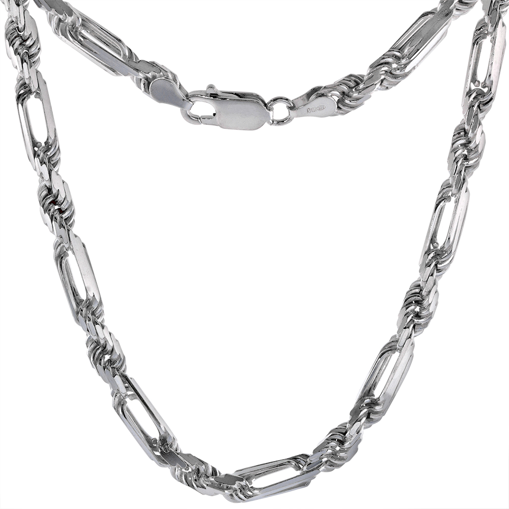 5mm Sterling Silver Milano Rope Figarope Chain Necklaces and Bracelets for Men Diamond-cut Handmade Nickel Free Italy 8 - 30 inch